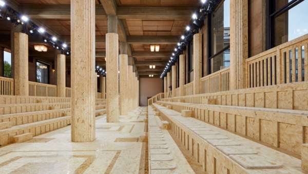 時裝發(fā)布展覽活動現(xiàn)場用不同紋路的木頭創(chuàng)造了視覺差異，經(jīng)典而不無聊