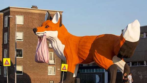 城市街道上展覽的這個狐貍戶外美陳藝術回頭率超高的